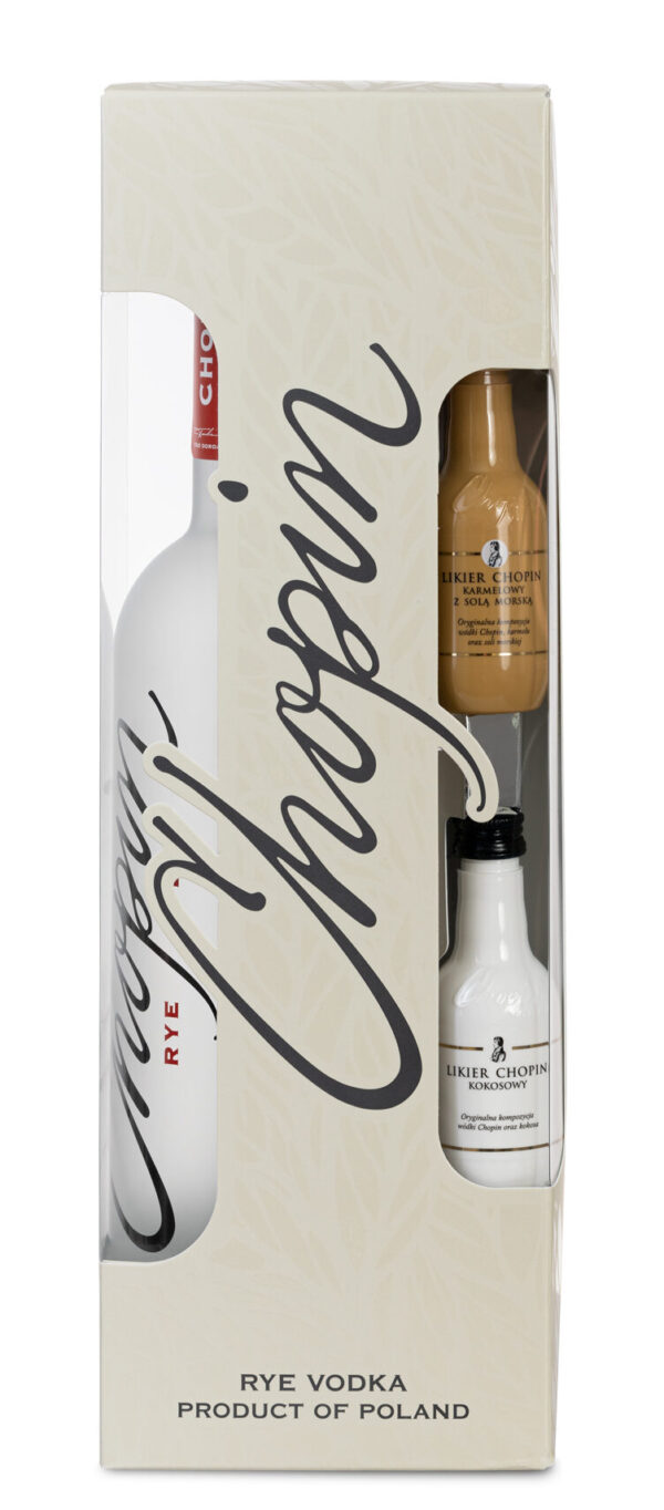 Chopin Rye 0,70l + Likier Chopin karmelowy z solą morską 0,05l + Likier Chopin kokosowy 0,05l